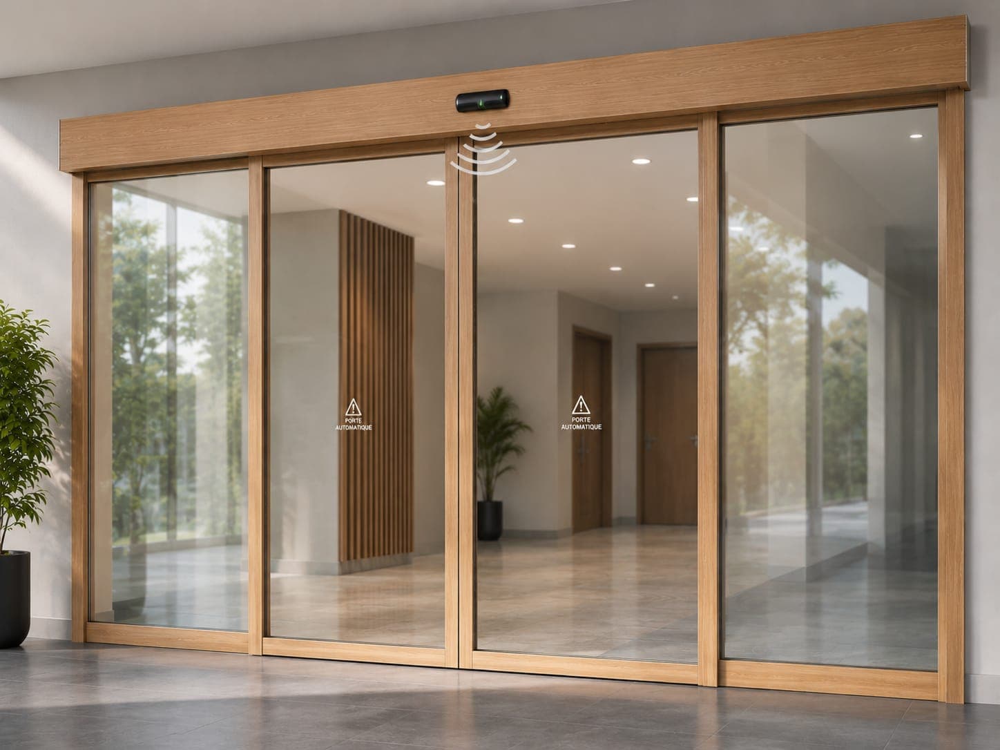 Porte automatique installée dans un hall d’immeuble du Grand Tunis par Tunis Connect DomoticS